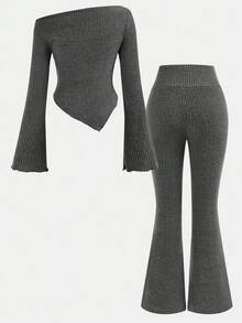 SHEIN 2pcs Tween Girls Casual Dark Grey Fuzzy Ribbed Ruched Long Sleeve Fitted Knit Top And Flare Pants Set, Suitable For Home, Outdoor, Travel, Airport, Casual Daily Wear