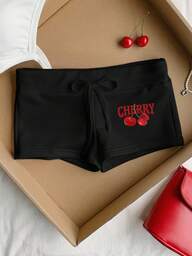 Comfortcana กางเกงขาสั้นทรงเข้ารูป เอวรูด เชือกผูกลายเชอร์รี่ลำลอง