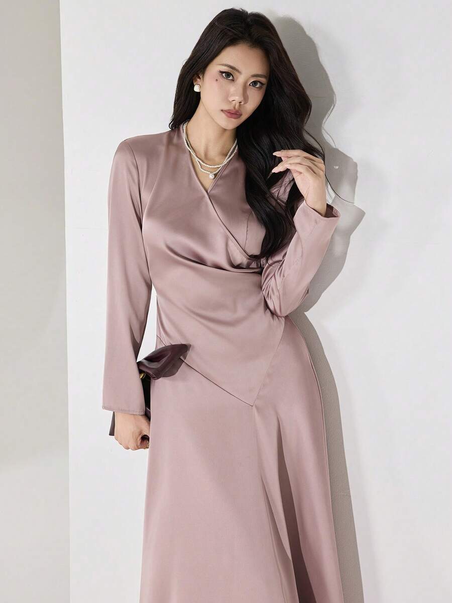 Heiryn Women's Elegant Pleated Ruched Backless Midi Dress, Solid Color, Slim Fit, Spring/Autumn - Pink - View 1