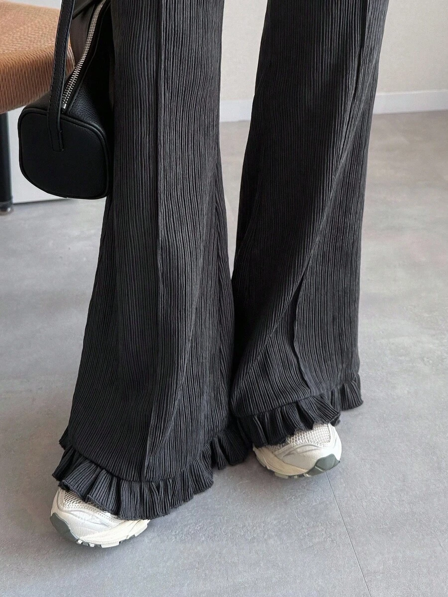 FRIFUL Women's Casual Solid Color Textured Elastic Waist Flare Pants Ruffle Pants Bell Bottom Pants Flared Pants Wide Leg Pants Pleated Pants