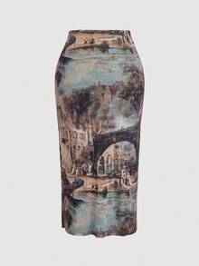 SHEIN MOD 大码复古油画印花开衩下摆半身裙 - 彩色 - 查看 2