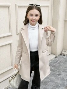 SHEIN Serisse Kids Tween Girls Classic Lapel Button Pocket Mid-Length Overcoat, Suitable For Weekend, Casual Outing, Back To School, Autumn/Winter, Girls Overcoat, Girl Coat, Tween Coat, Girls Winter Coat Fall - Khaki - View 4