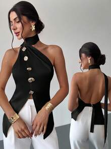 Firerie Ladies New Style Asymmetric Metal Button Casual Elegant Backless Sleeveless Top/Cute Top/Elegant Off-Shoulder Top/Imitation Silk Satin Texture Top/Backless Strappy Top,Black Top,Sexy Top - Black - View 1