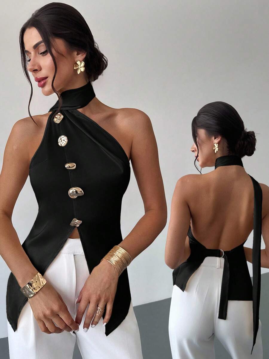Firerie Ladies New Style Asymmetric Metal Button Casual Elegant Backless Sleeveless Top/Cute Top/Elegant Off-Shoulder Top/Imitation Silk Satin Texture Top/Backless Strappy Top,Black Top,Sexy Top - Black - View 1