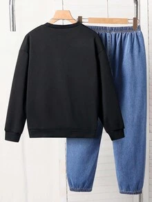 SHEIN Fantacosmos 2 件套男童牛仔布拼布连帽衫和牛仔裤两件套，时尚休闲街头风格牛仔布拼布服装 - 彩色 - 查看 2