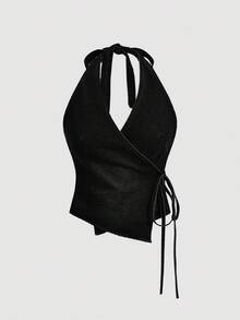 SHEIN PETITE Women's Fashionable Sexy Lace-Up Backless Halter Denim Crop Top - Black - View 1