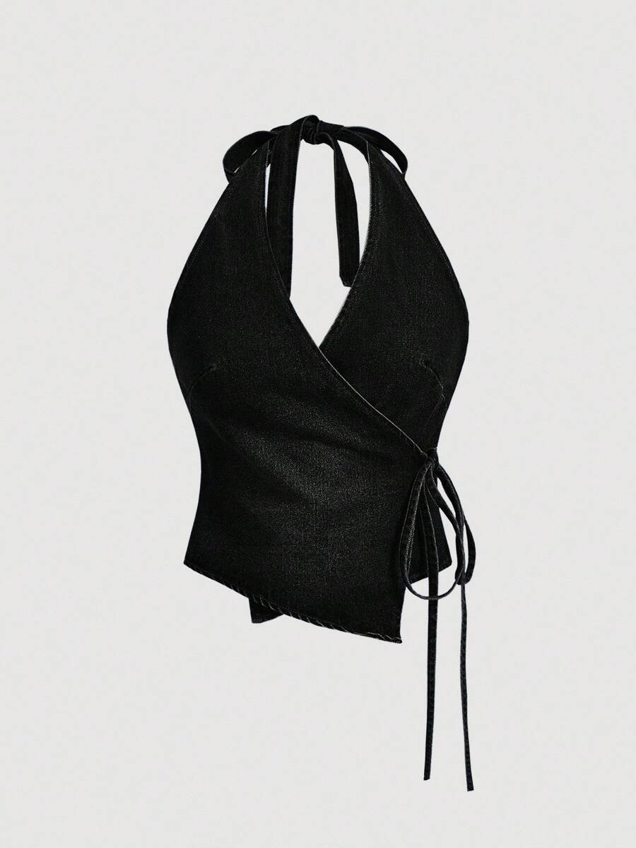 SHEIN PETITE Women's Fashionable Sexy Lace-Up Backless Halter Denim Crop Top - Black - View 1