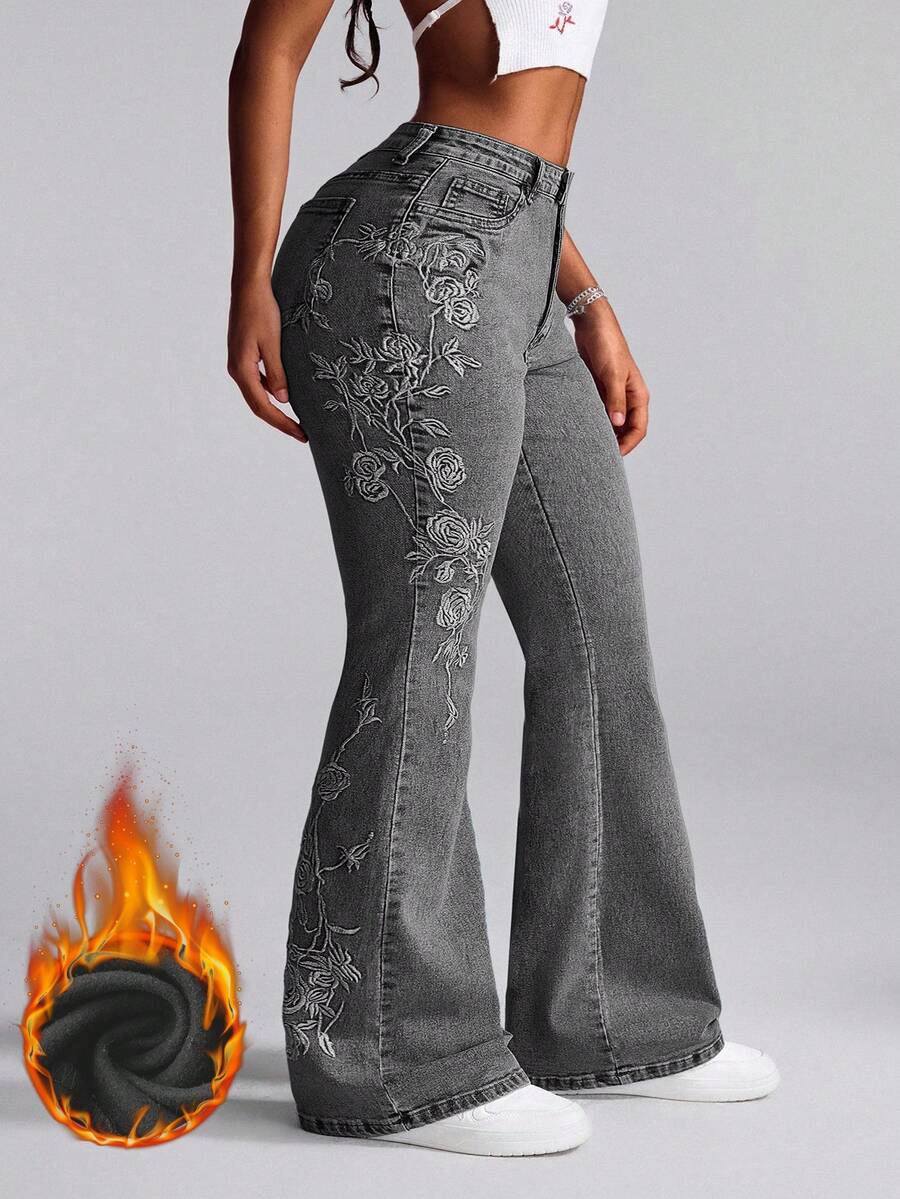 Slaydiva Plus Size Women Embroidered Flare Jeans With Pockets/Winter