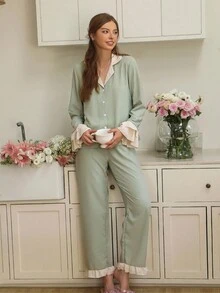 SHEIN 女士撞色荷叶边翻领纽扣睡衣套装，秋季服装 - 綠色 - 查看 3