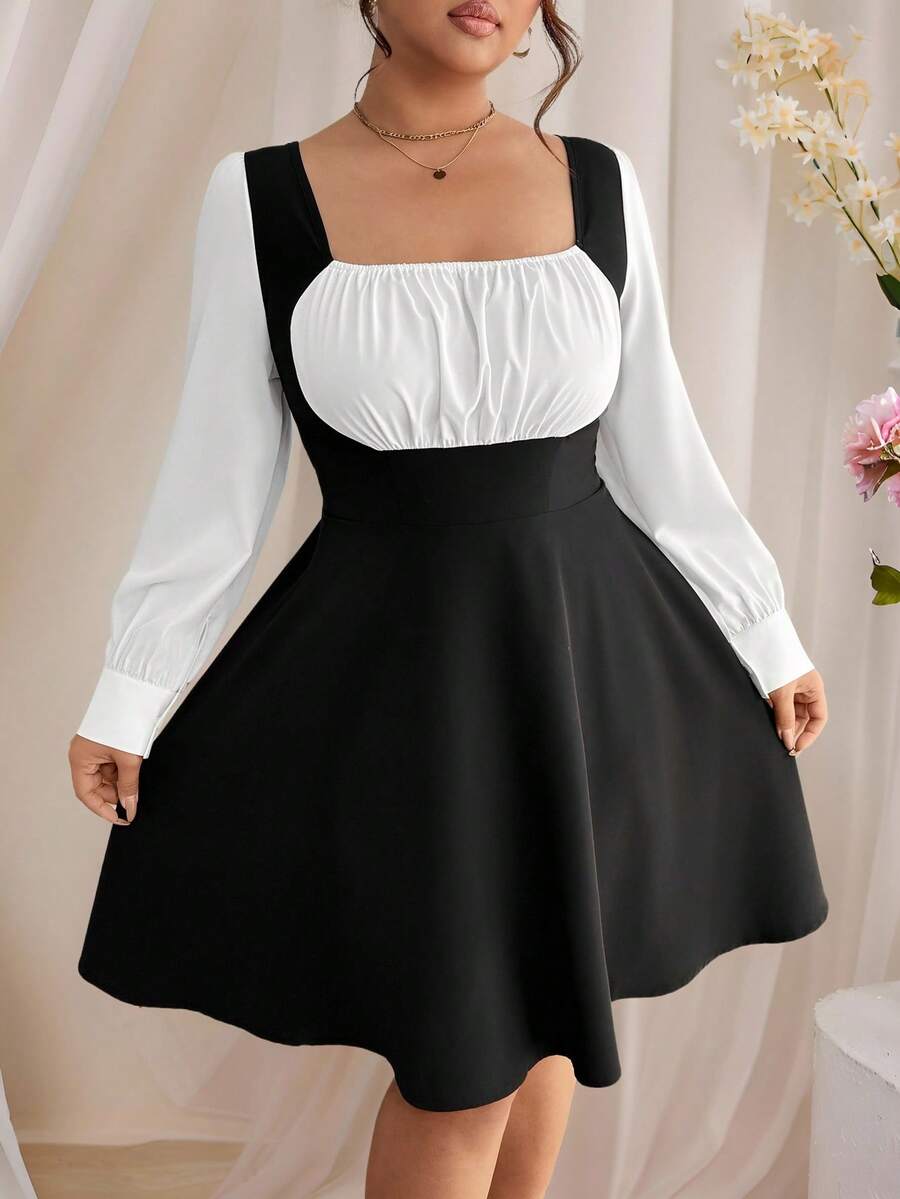 SHEIN Clasi Plus Size Women's 2 In 1 Style Color Block Dress - Black and White - View 1