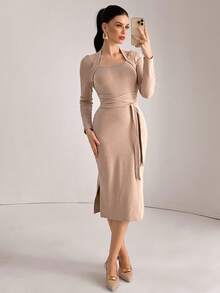 Modelyn Autumn/Winter Crossover Tie Neck Knit Fitted Midi Dress, Khaki Color, Elegant & Fashionable
