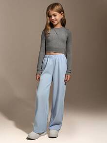 Hanevo Tween Girl 1pc Textured Fabric White Casual Comfortable Long Pants, Summer New Arrival - Mint Blue - View 4