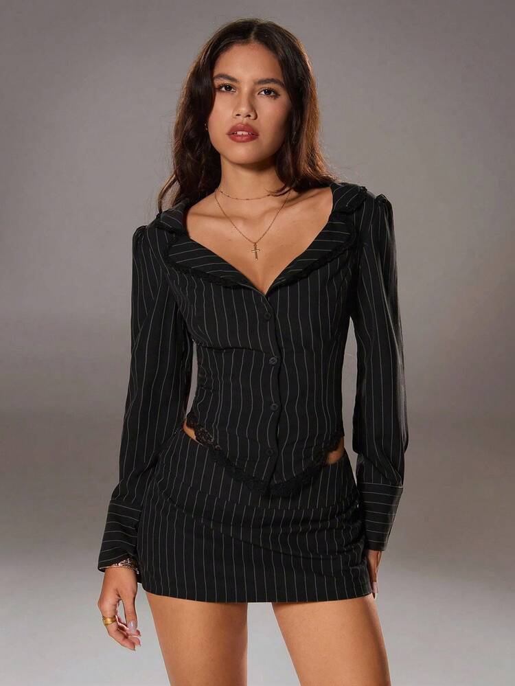 SHEIN TRNDY 2-częściowy damski komplet: koszula, marynarka, czarne paski, koronka, asymetryczna spódnica w paski, strój na co dzień do pracy, na randkę - Czarne - Zobacz 3