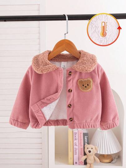 SHEIN 1 pieza Chaqueta de manga larga de pana rosa vintage minimalista y elegante para niña bebé, con cuello de peluche blanco y decoración de pana rosa tipo oso, adecuada para uso diario escolar