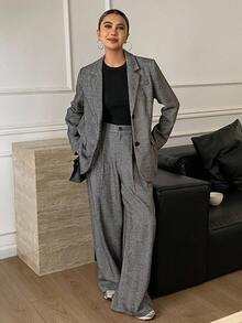 Livesso Women's Loose Business Casual Suit Set, Includes Straight Leg Pants And Gray Blazer, Elegant Office Wear For Autumn/Winter Lounge Sets For Women - Dark Grey - View 4