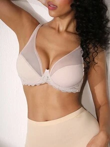 NudeFit 1pc Comfortable Minimalist Lace Patchwork Underwire Bra For Women - Champagne - View 5