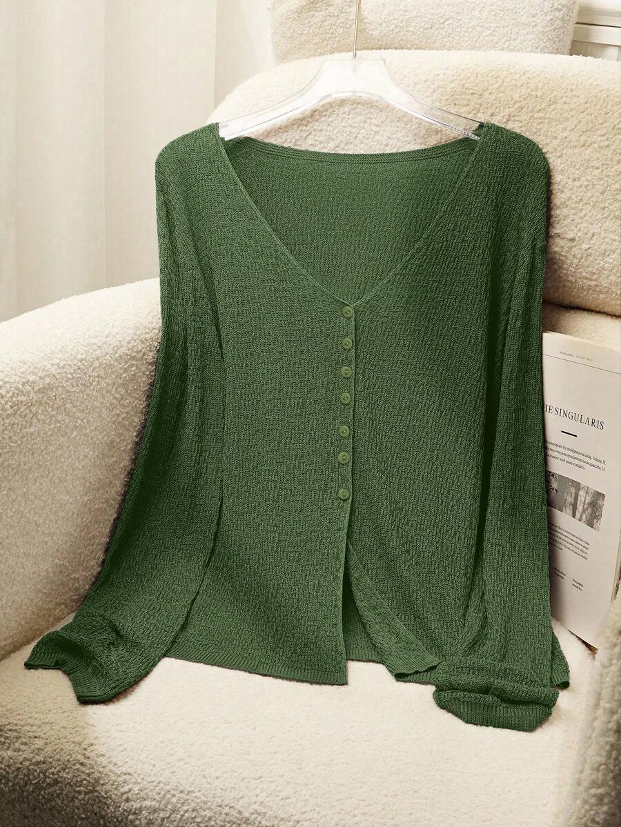 Franclia 女士休闲半透明V领开衫，混纺针织毛衣，春夏针织衫休闲穿搭，适合大学春装、秋冬女装 - 軍綠色 - 查看 1