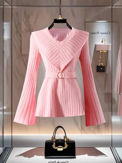 Franclia Women's Casual Solid Color Bell Sleeve Ribbed Knit Sweater, Autumn/Winter,Autumn,Winter Clothes, Winter Clothes For Women,Women's Winter Sweater,A Pink Knitted Top. It Features A V-Neck Design With A Large Lapel Shape, And Has Vertical Striped Knitting Texture. It Adopts A Flared Sleeve Style And Is Paired With A Belt In The Same Color. With A Slim-Fit Overall Cut, It Not Only Flatters The Figure But Also Exudes A Sense Of Fashion And Elegance. It Is Suitable For Creating Exquisite Outfits And Can Be Worn On Various Occasions.For Vacation, Office, Home, Daily Wear, And Is Popular For Dates, Festivals Such As The Spring Festival, New Year, Christmas, Valentine's Day, Back-To-School Season, And Parties.Christmas Clothes For Women,Pattern Type