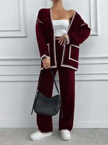 EURMUSE 2件套女士休闲撞色装饰口袋宽松开衫和裤子套装 - 酒紅色 - 查看 4