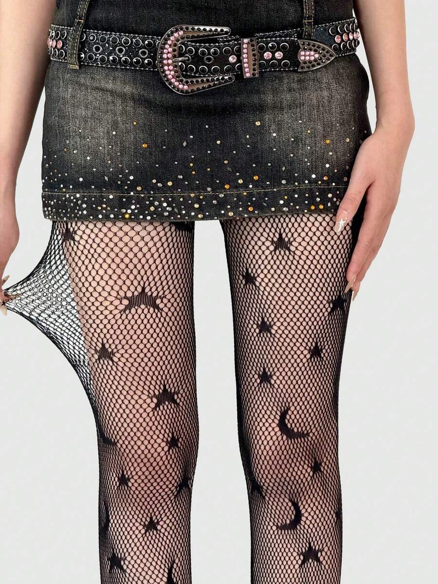 ROMWE Goth 1 par de medias de rejilla con diseño de cruz para mujer, estilo gótico, para Halloween - Negro 2 - Ver 1