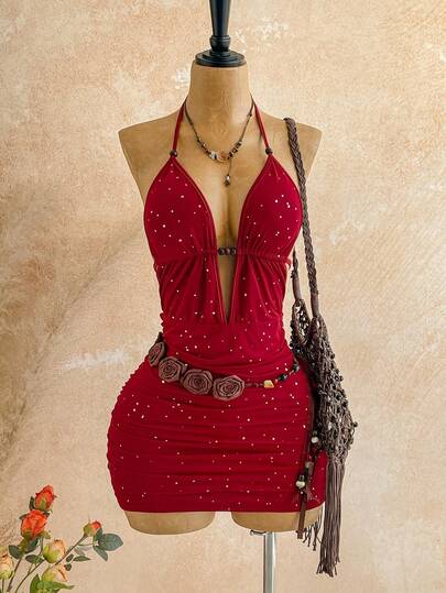 Soleia 女式复古扎染抽象印花深 V 领系带露背迷你连衣裙，合身褶饰，适合派对、约会、下午茶、性感时尚夏日海滩度假