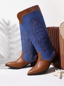 Styleloop Giày bốt cao cổ kiểu phương Tây mũi nhọn thêu họa tiết khối màu dành cho nữ - Nhiều màu - Xem 2