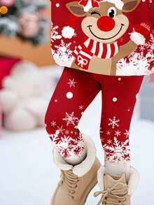 SHEIN Conjunto de sudadera con capucha y leggings con estampado de renos, copos de nieve, muñeco de nieve y árbol de Navidad, casual, cómodo, grueso y suave, corte holgado, manga larga, adecuado para uso diario en otoño, fiesta de Navidad, estilo callejero, hogar