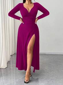 Elenzga Robe de soirée moulante élégante à manches longues et col en V pour femme grande taille, design fendu à la mode et polyvalente