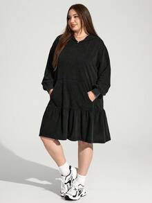 Enliva Plus Size Women's Loose Hooded Dress, Long Sleeve Dress With Pockets/Autumn /Winter