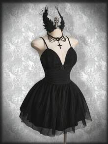 SHEIN ICON 大码女式黑色蕾丝拼布腰部 A 字形公主裙、万圣节服装、黑天鹅、约会裙、派对裙、生日裙 - 黑色 - 查看 3