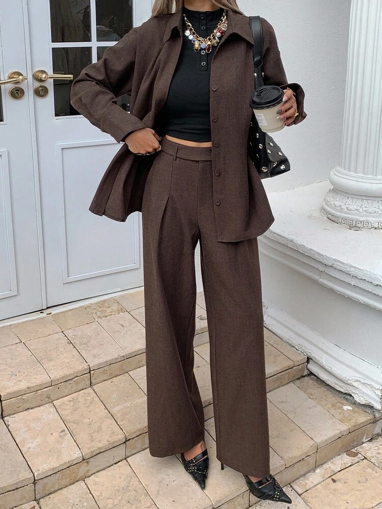 Women's Solid Color Long Sleeve Single-Breasted Shirt And Pants Casual 2 Pieces Set, Autumn