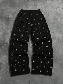 ROMWE MEN Street Life Men's Autumn/Winter Fashion Rhinestone Drawstring Waist Sweatpants - Black - View 2