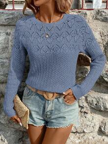 EMERY ROSE Vacation Casual Solid Color Hollow-Out Knit Sweater Everyday Dusty Blue Autumn - Dusty Blue - View 6
