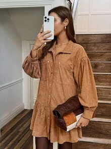 SHEIN LUNE Women's Western Bohemian Style Khaki Corduroy Ribbed Texture Fabric Turtleneck Collar Double Pocket Design Unique Niche Short Dress, Versatile For Autumn/Winter - Khaki - View 6