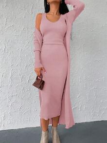 EURMUSE 2pcs Solid Color Cardigan Knit Dress Set, Casual & Commuting, Autumn/Winter - Baby Pink - View 4