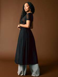 Vixey 透视纯色网眼短袖开衩长款上衣 - 黑色 - 查看 3