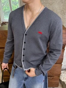 ESTAVOR Men's Embroidered Design Single-Breasted Casual Knit Cardigan, Autumn, For Fall Winter - Black - View 2