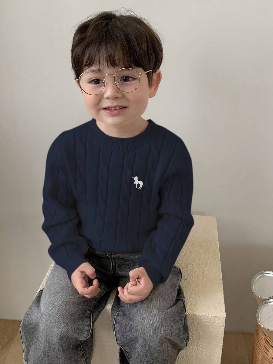 DAZY 幼儿男童圆领麻花针织扭纹卡通刺绣纯色毛衣