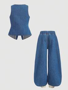 SHEIN Firerie Kids Young Girl Single-Breasted Sleeveless Top And Wide-Leg Jeans Casual Suit - Medium Wash - View 3