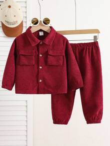 SHEIN 2pcs Baby Boys/Girls Casual Corduroy Shirt With Pockets & Loose Fit Drawstring Pants Set, Suitable For School, Garden, Beach, Birthday, Spring/Summer/Autumn/Winter Autumn And Winter Two Piece Suit Toddler Suit Set Baby Boy Burgundy Clothes Red Baby Boy Outfit New Year