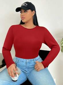 SHEIN PETITE CURVE Body de manga larga de unicolor para mujer de talla grande - Rojo - Ver 3