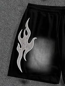 Manfinity ZONE917 Men's Distressed Snowflake Letter Print Short Sleeve T-Shirt And Flame Print Shorts Casual Street Style Set