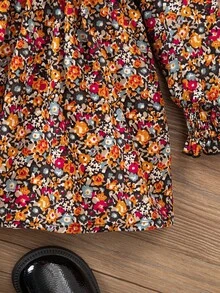 SHEIN Baby Girl Elegant Floral Print Long Sleeve Ruffle Hem Dress Autumn/Winter - Multicolor - View 3