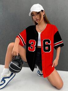 SHEIN EZwear 女式宽松前开短袖棒球衫，36码，适合夏季运动，黑色和红色 - 紅色和黑色 - 查看 4