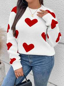 EURMUSE Plus Size Women Heart Pattern Crew Neck Long Sleeve Casual Pullover Sweater - Multicolor - View 7