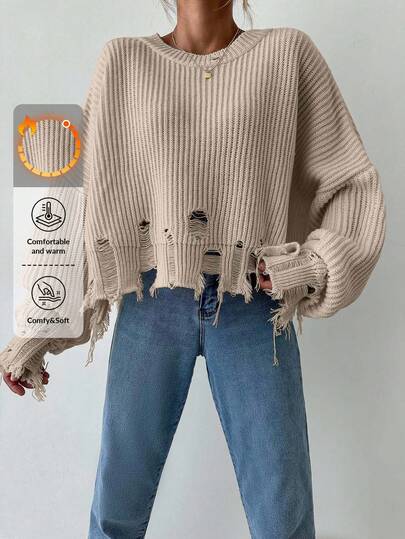 EURMUSE Pulover tricotat lejer, cu mânecă lungă, cu umeri căzuți, culoare solidă, franjuri, stil uzat