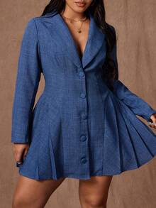Rustia Robe décontractée élégante vintage à manches longues avec col et plissée, effet denim, pour femmes grandes tailles, bleu