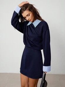 Hanevo Collared Striped Patchwork Long Sleeve Sporty Casual Collegiate Style Dress For Women Fall Cloth For Women