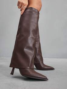 CUCCOO SZL 女士性感时尚褶裥筒咖啡色尖头侧拉链及膝靴 - 咖啡棕 - 查看 4