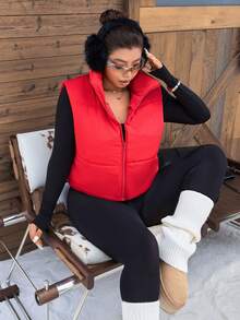 SHEIN EZwear Plus Zip  Vest Coat, For Winter Fall Autumn - Red - View 11